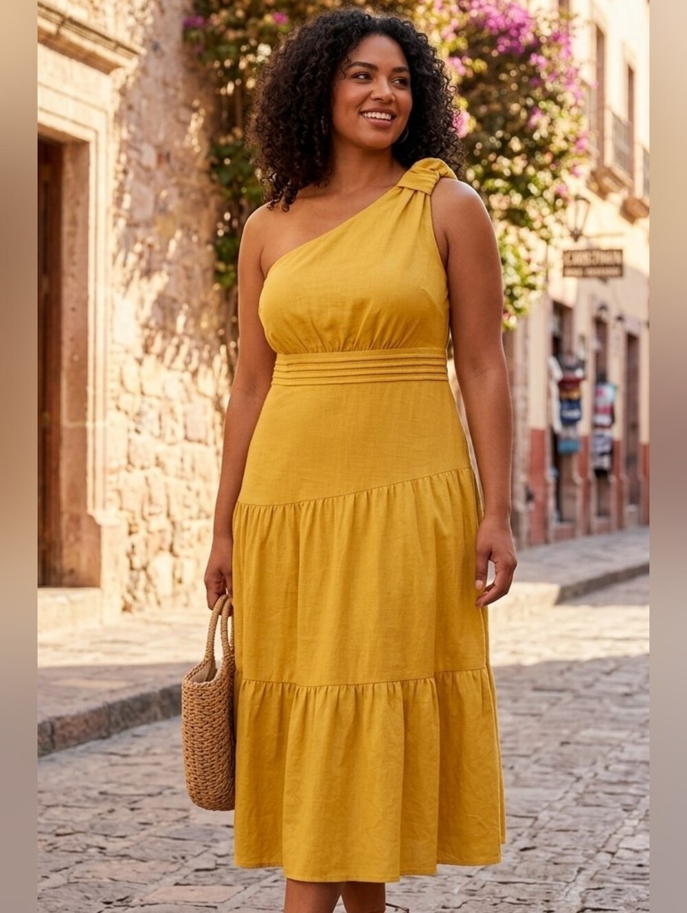 Entro Mustard Yellow One-Shoulder Tiered Midi Dress Size Large Summer Boho NWT
